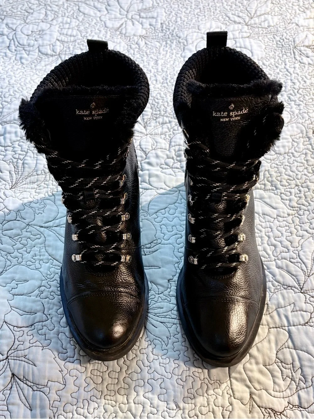 💥Kate Spade Walker Black Leather Faux Fur Knit Collar Heeled Booties Sz 10B🧡